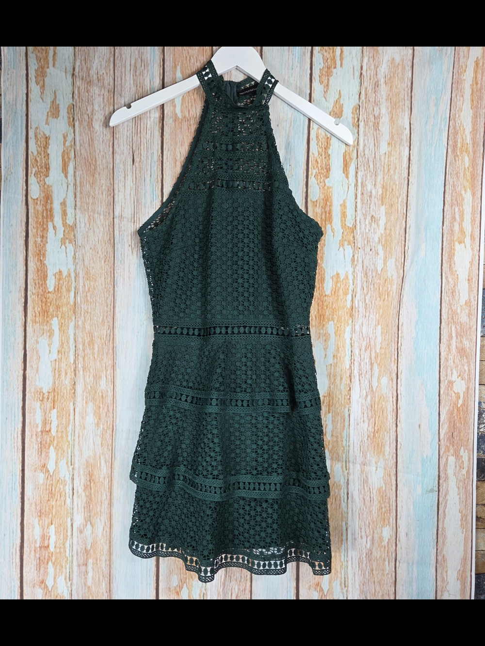 PrettyLittleThing Dark Green Halter Lace Mini Dress. Size 6